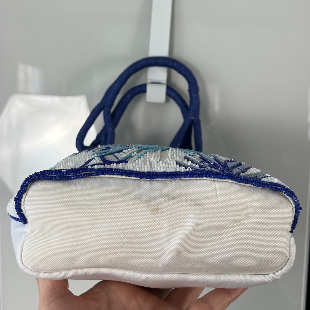 Hand-Beaded Blue & White Tropical Bird Resort Tote | Coastal Chic Like New - Picture 6 of 15